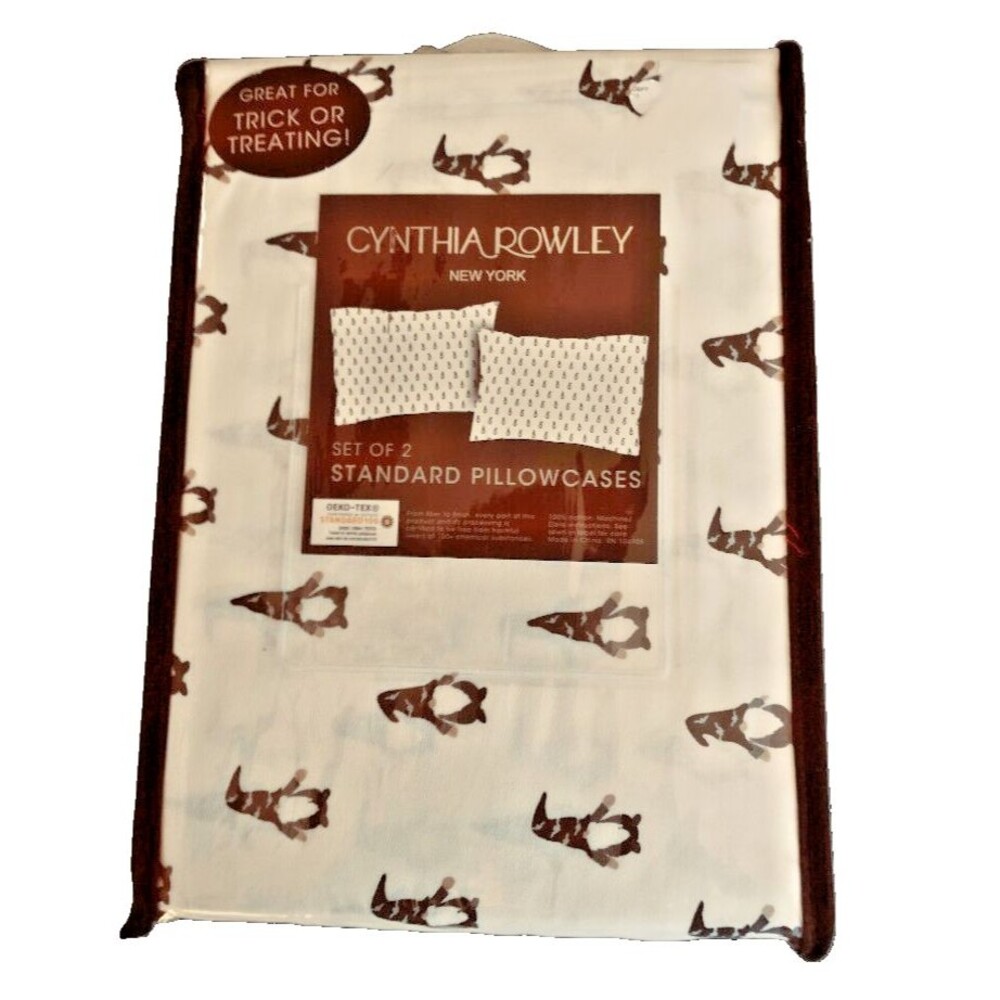 Cynthia Rowley Halloween Standard Pillowcases Gnomes Bats Cotton White Set Of 2